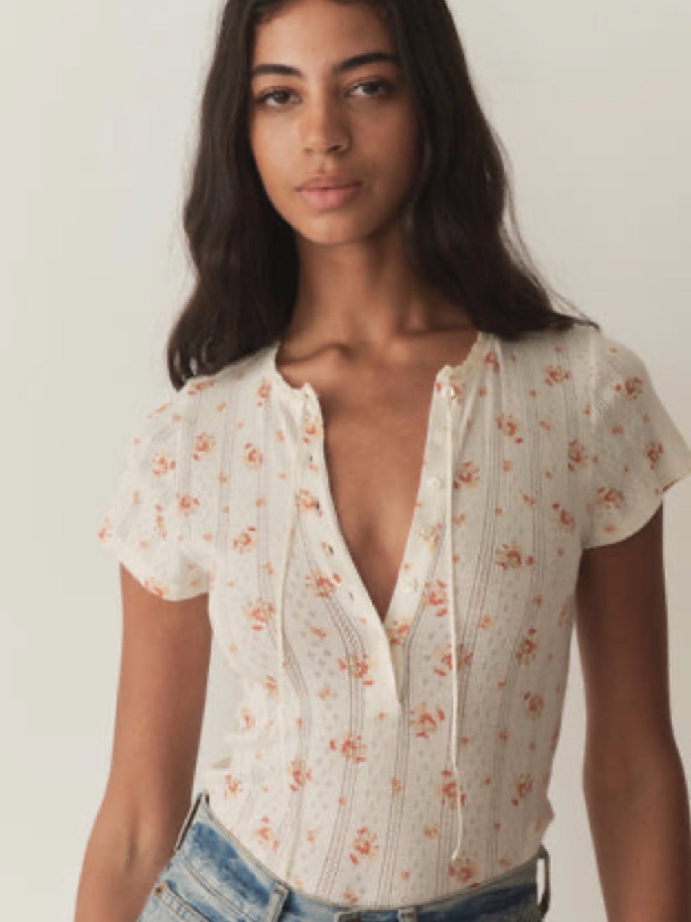 DÔEN Brie Tee French Marigold Floral Pointelle Organic Cotton Top m